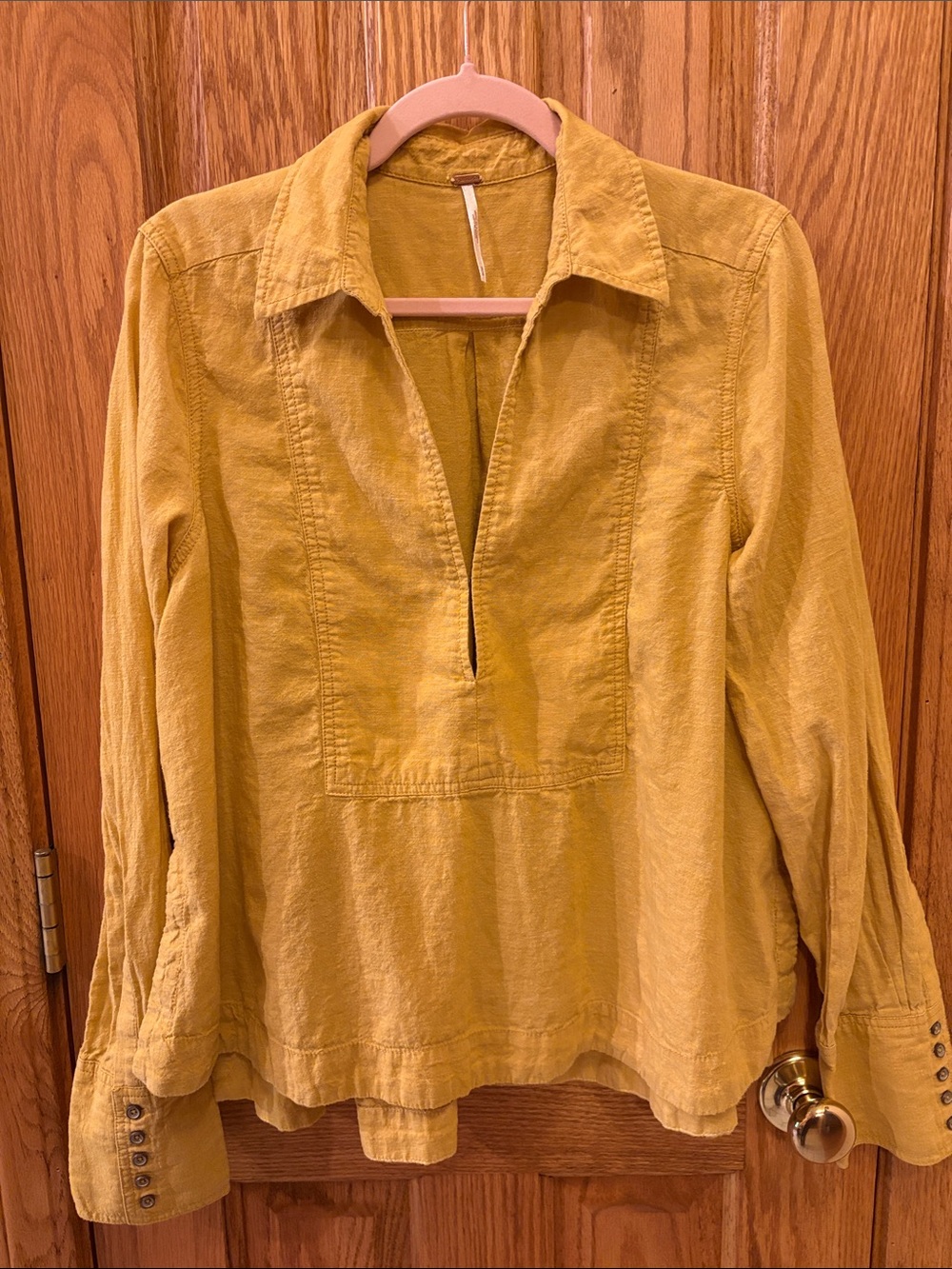 Free People Textured Split-Neck Blouse in Mustard Yellow